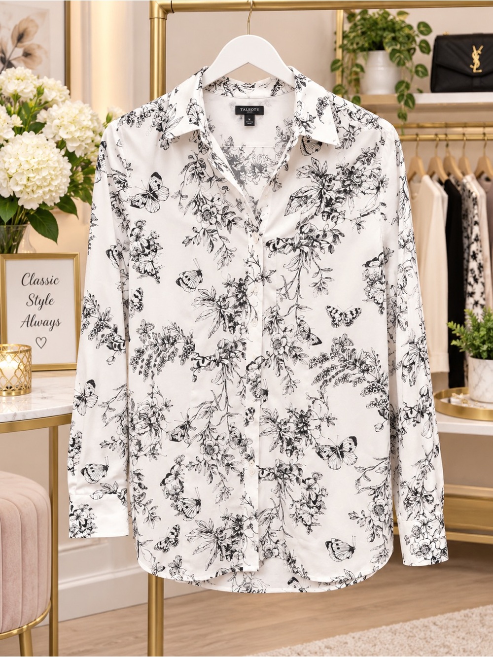 Talbots White Button-Down Shirt with Black Floral & Butterfly Print
